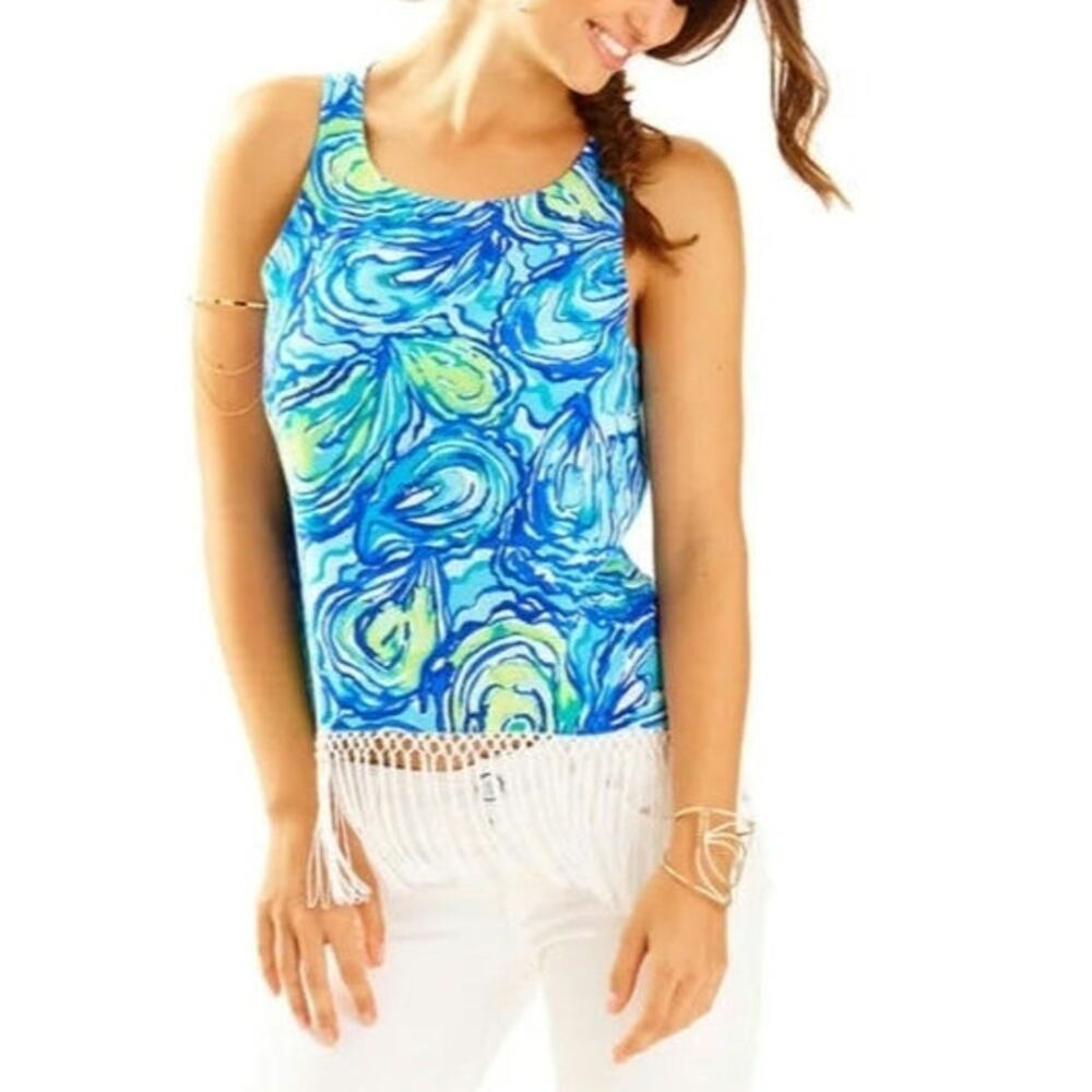 Lilly Pulitzer Sonya Fringe Top | Sparkling Blue Oh Shucks Oyster | Women's 8